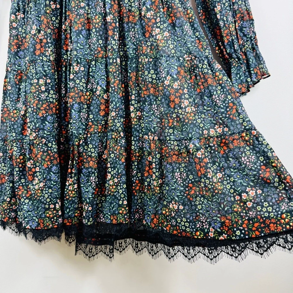 Warm NY boho 100% cotton Floral Tiered Ruffle Midi long sleeve Dress NWT_9
